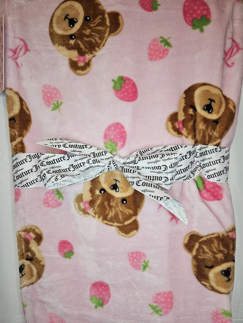 Juicy Couture Kids Pink Teddy Bear & Strawberry Plush Throw Blanket NWT